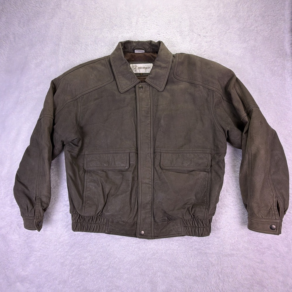 Rare Vintage DEERSKIN Leather Bomber Jacket Mens 44 Faded Brown - Made in Korea‎